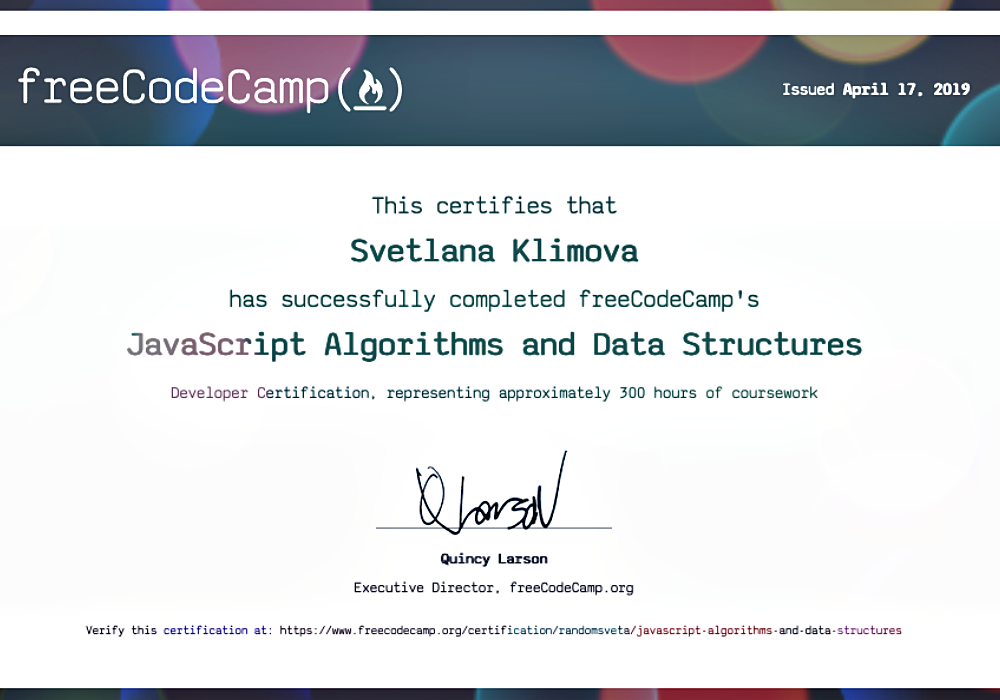 The certificate 'JavaScrip Algorithms' from FreeCodeCamp