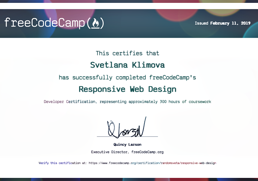 The certificate 'Responsive Web Design' from FreeCodeCamp