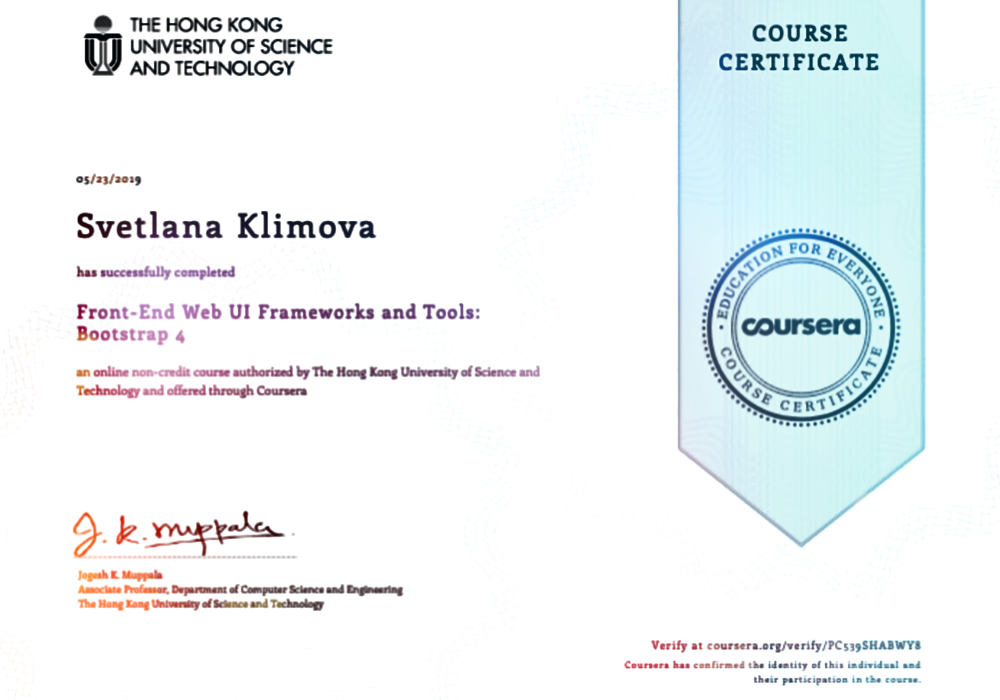 The certificate 'Bootstrap 4' from Coursera