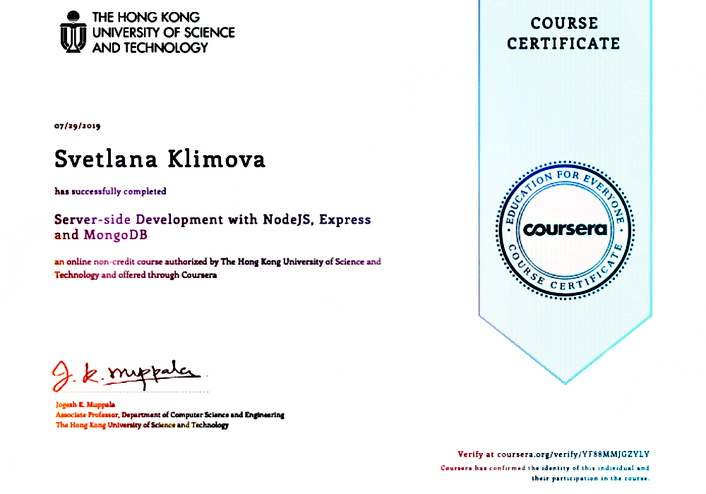 The certificate 'NodeJS and MongoDB' from Coursera