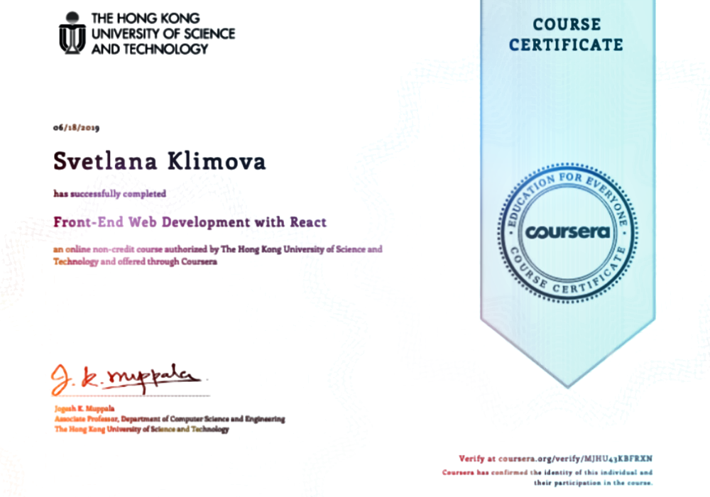 The certificate 'React' from Coursera